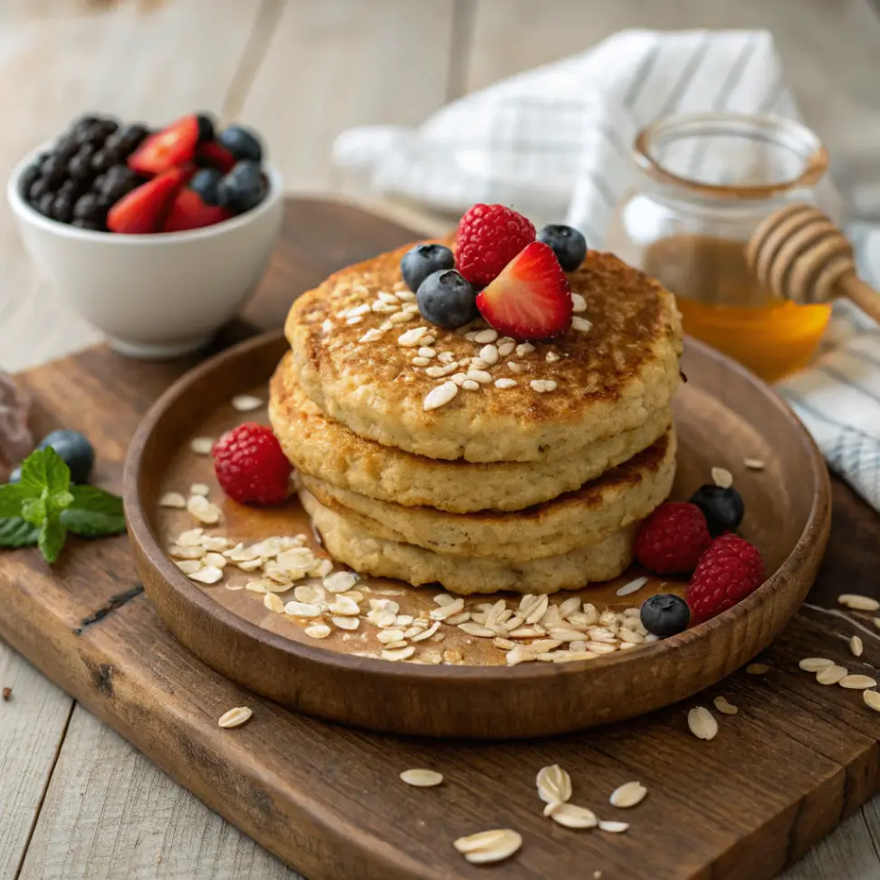 Galettes aux flocons d’avoine empilées sur une assiette en bois, décorées de flocons d’avoine, de framboises, de myrtilles et de fraises, avec un pot de miel en arrière-plan.