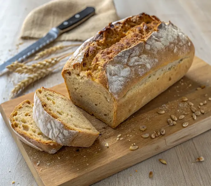 Pain au petit épeautre maison avec croûte dorée et mie moelleuse, présenté sur une planche en bois avec un couteau et des épis de blé en arrière-plan.